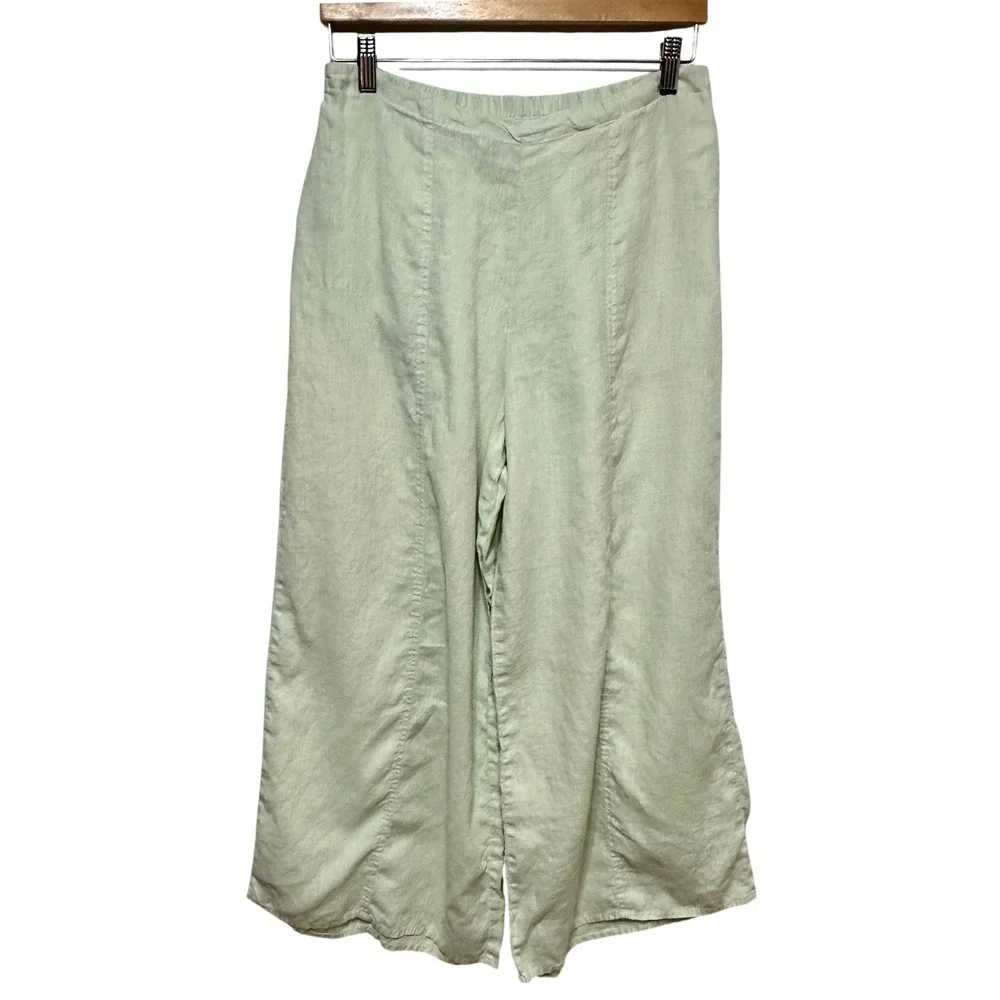 FLAX 100% Linen Wide Leg Pants Womens Small Mint Green Elastic Waist *Flaw